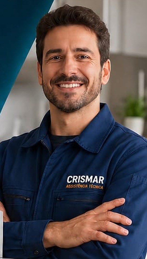 Técnico da Crismar com uniforme da empresa, sorrindo de braços cruzados